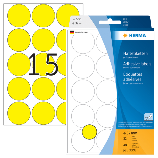 Etiket HERMA 2271 rond 32mm geel 480 stuks