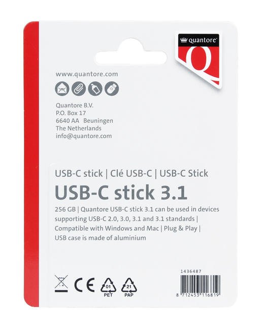 USB stick 3.1 Quantore USB-C 256GB zilver