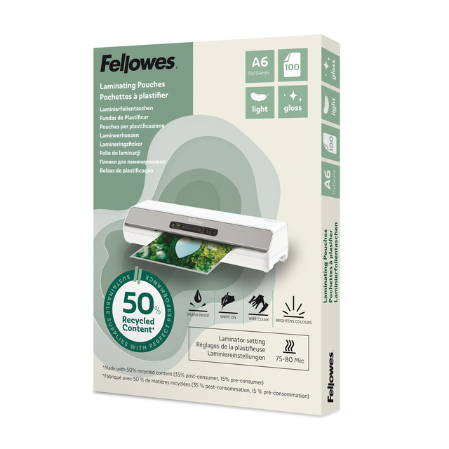 Lamineerhoes Fellowes A6 light 50% gerecycled glans 100stuks