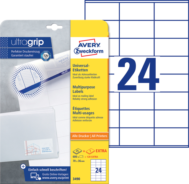 Etiket Avery 3490 70x36mm wit 600 stuks