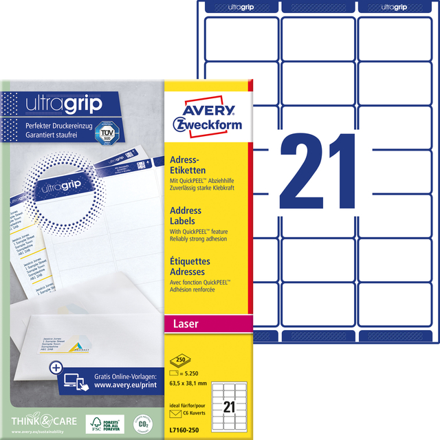 Etiket Avery L7160-250 63.5x38.1mm wit 5250 stuks