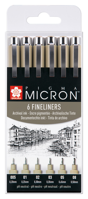 Fineliner Sakura Pigma Micron set à 6 schrijfbreedtes zwart