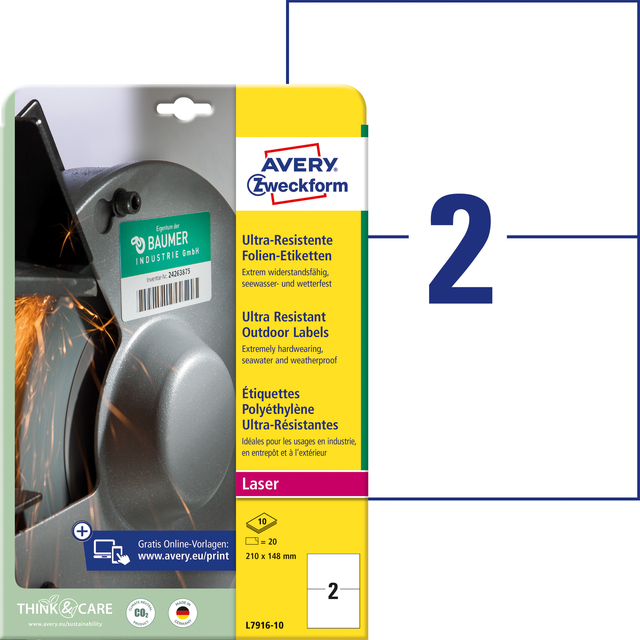 Etiket Avery L7916-10 210x148mm polyethyleen wit 20 stuks