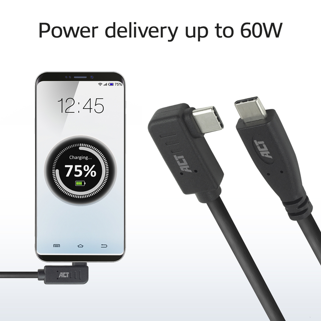 Kabel ACT USB-C standaard naar USB-C hoek 10Gbps 1m