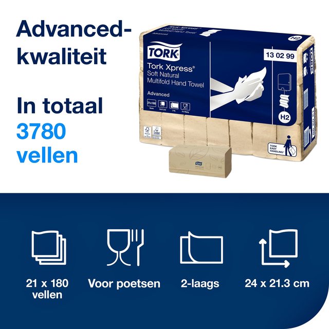 Handdoek Tork H2 Xpress Advanced multifold 2-laags 213x240mm 21x180 vel naturel 130299