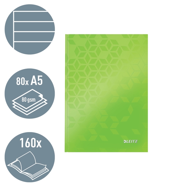 Notitieboek Leitz WOW A5 160blz 90gr lijn groen