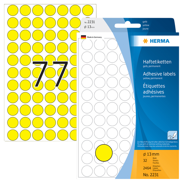 Etiket HERMA 2231 rond 13mm geel 2464 stuks