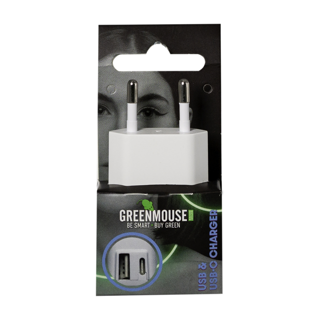 Oplader Green Mouse USB-C 1x en USB-A 1x wit blisterverpakking