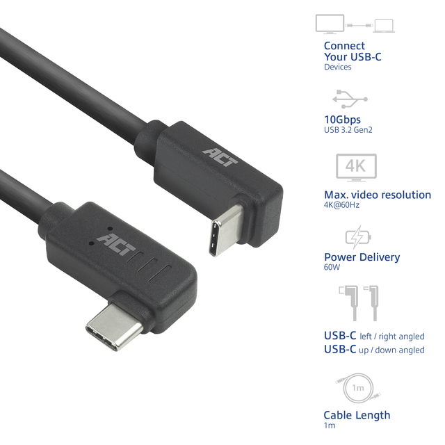 Kabel ACT USB-C hoek links/rechts USB-C hoek boven/beneden 10Gbps 1m
