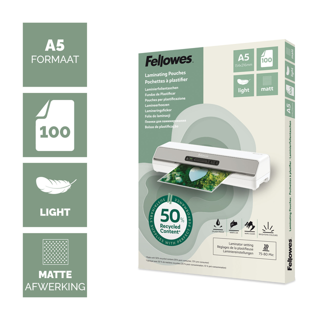Lamineerhoes Fellowes A5 light 50% gerecycled mat 100stuks
