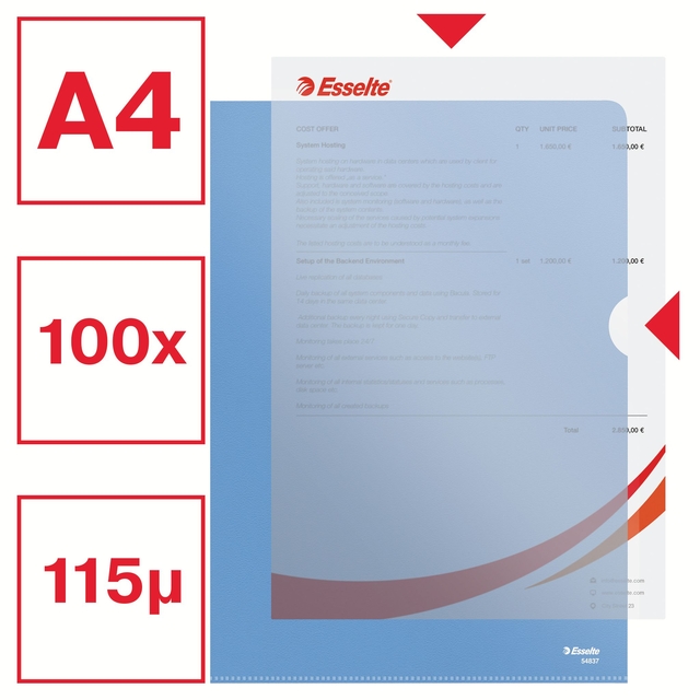 Insteekmap L-model Esselte standaard A4 0.11mm PP blauw 100 stuks