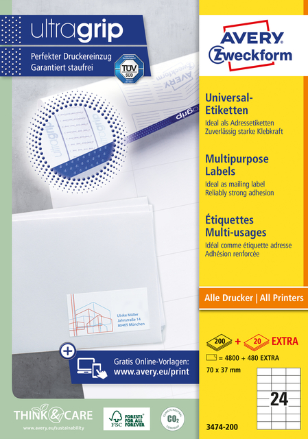 Etiket Avery 3474-200 70x37mm wit 4800 stuks