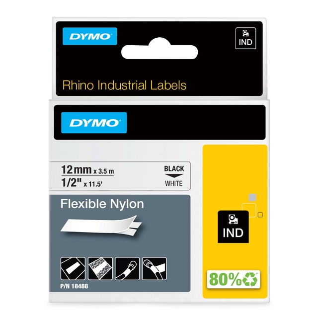 Labeltape Dymo Rhino industrieel nylon 12mm zwart op wit