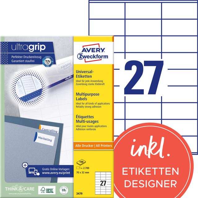 Etiket Avery 3479 70x32mm wit 2700 stuks