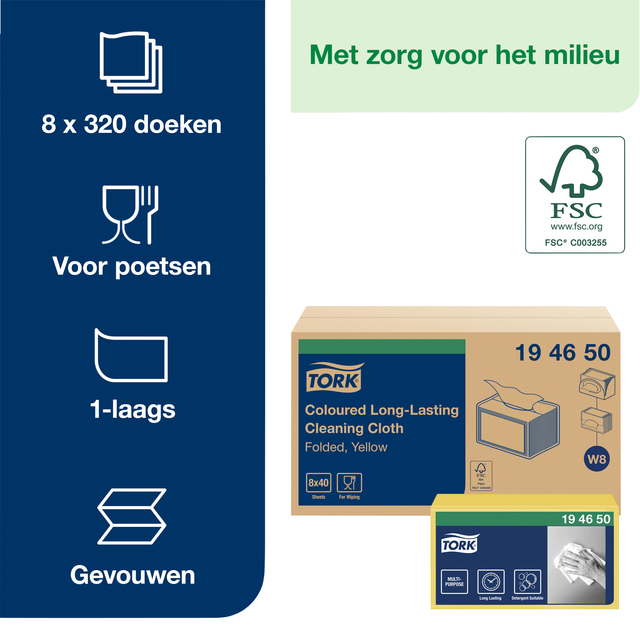 Reinigingsdoek Tork W8 Premium 1-laags 40 vel geel 194650