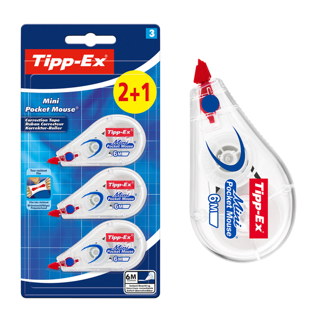 Correctietape Tipp-Ex mini pocket mouse 5mmx6m blister 2+1 gratis