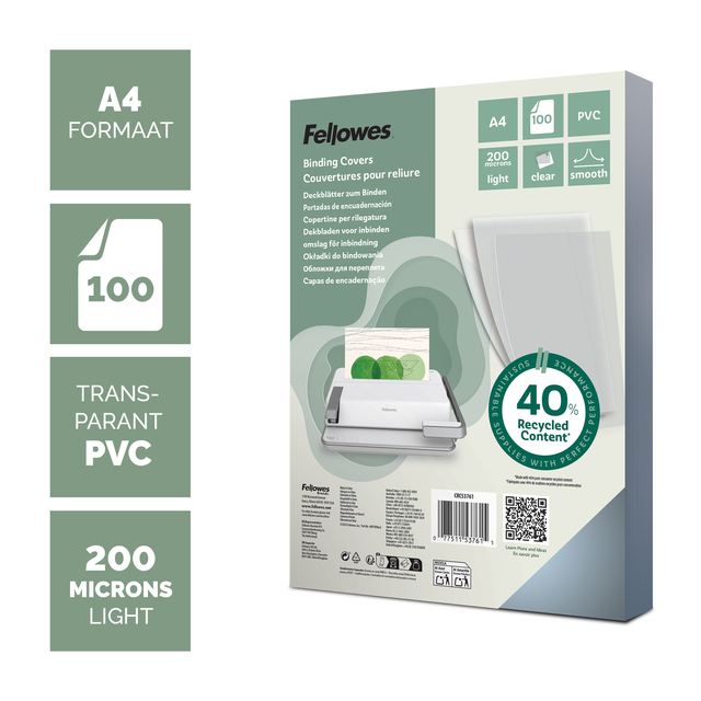 Voorblad Fellowes A4 PVC 200micron recycled 100 stuks