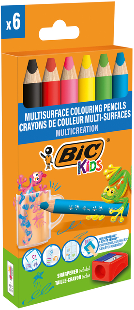 Kleurpotloden BicKids Multi Surface + puntenslijper assorti 6 stuks