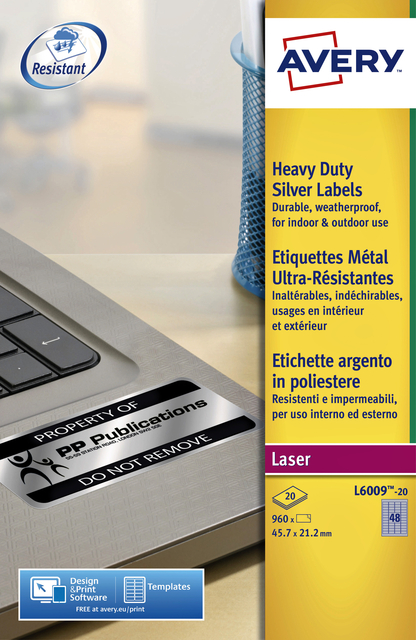 Etiket Avery L6009-20 45.7x21.2mm zilver 960 stuks