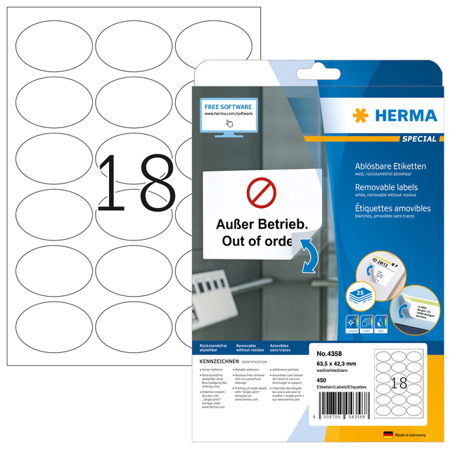 Etiket HERMA 4358 63.5x42.3mm verwijderbaar ovaal 450 stuks