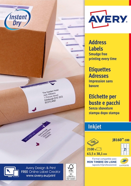 Etiket Avery J8160-100 63.5x38.1mm wit 2100 stuks