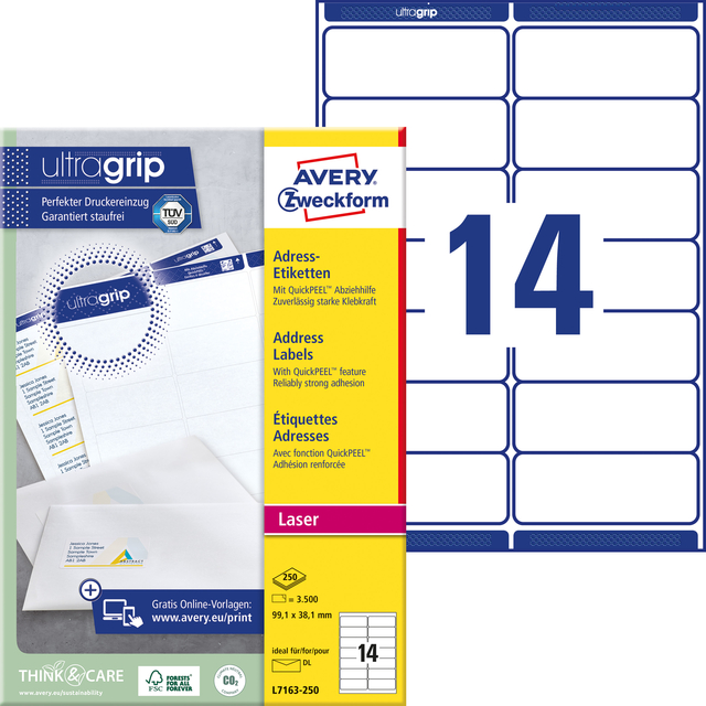 Etiket Avery L7163-250 99.1x38.1mm wit 3500 stuks