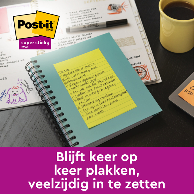 Memoblok 3M Post-it 5845 Super Sticky 127x203mm lijn assorti kleur 90 vel
