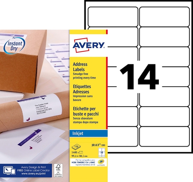 Etiket Avery J8163-100 99.1x38.1mm wit 1400 stuks