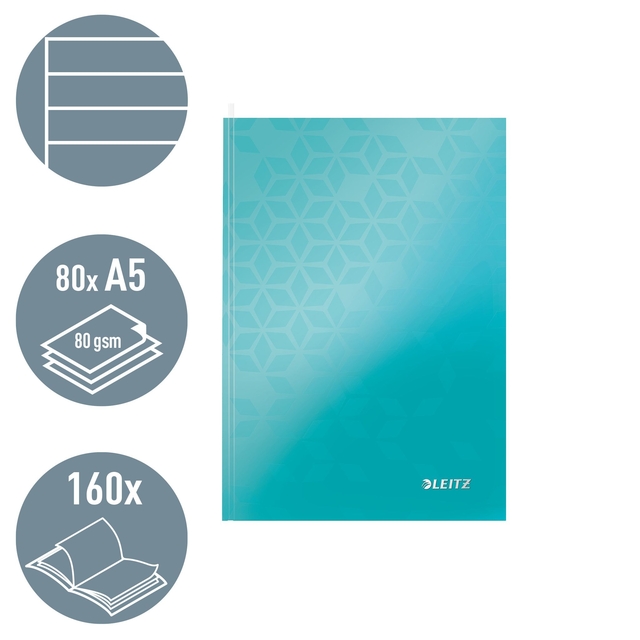 Notitieboek Leitz WOW A5 160blz 90gr lijn ijsblauw