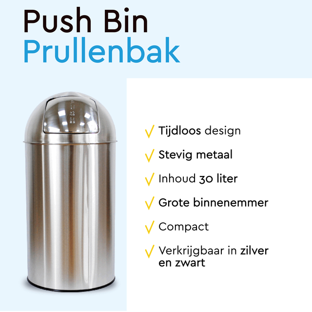 Afvalbak BRASQ Push Bin PB230+ 30 liter rvs