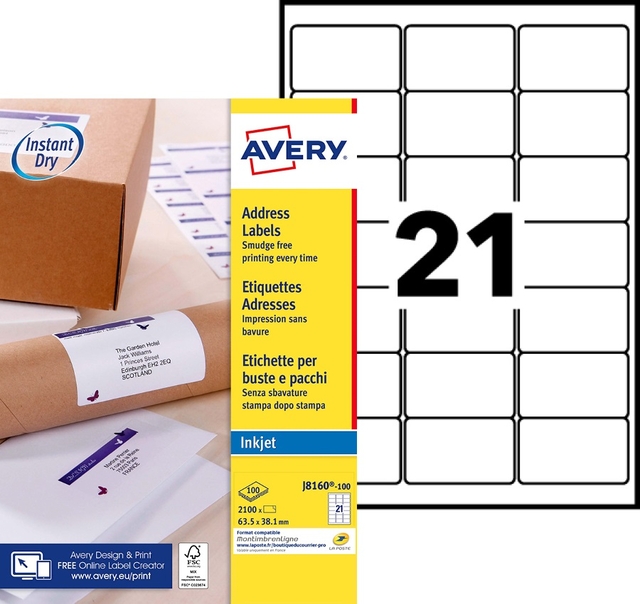 Etiket Avery J8160-100 63.5x38.1mm wit 2100 stuks
