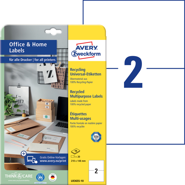 Etiket Avery LR3655-10 210x148mm recycled wit 20 stuks