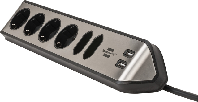 Stekkerdoos Brennenstuhl bureau Estilo 6vdig incl 2 USB 2m zw/zilver