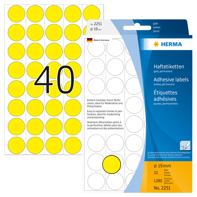 Etiket HERMA 2251 rond 19mm geel 1280 stuks