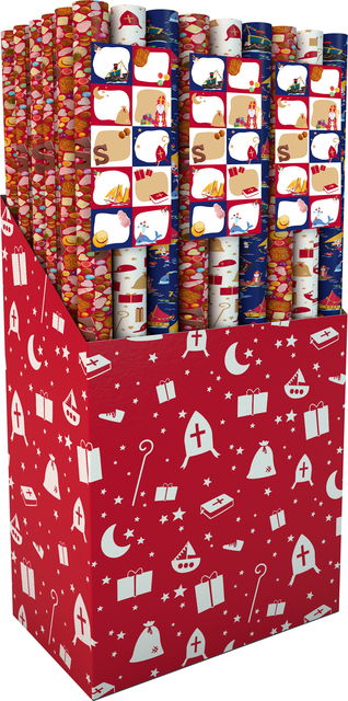 Inpakpapier Sint 200x70cm set à 3 rollen + stickervel met 10 etiketten assorti