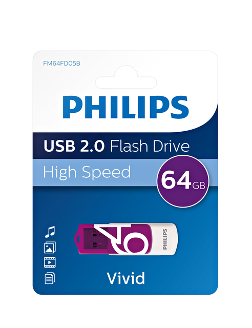 USB stick 2.0 Philips Vivid USB-A 64GB paars