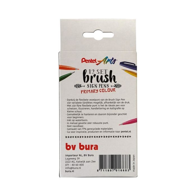 Brushpen Pentel SES15C Sign Artist standaardkleuren 12 stuks