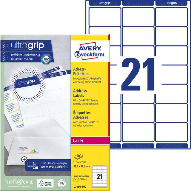 Etiket Avery L7160-100 63.5x38.1mm wit 2100 stuks