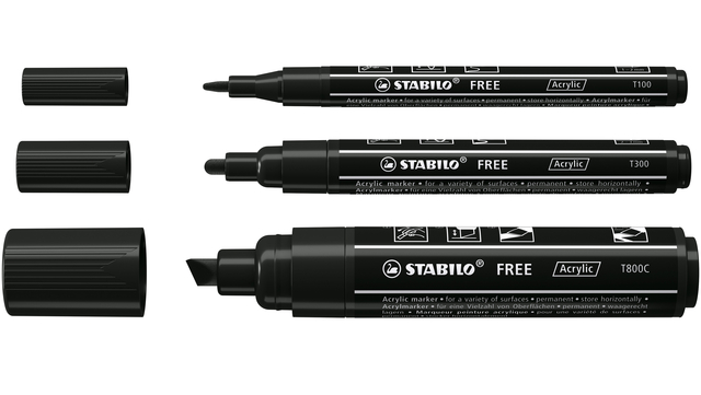 Acrylmarker STABILO  Free Acrylic Mixed Tip set à 3 breedtes zwart
