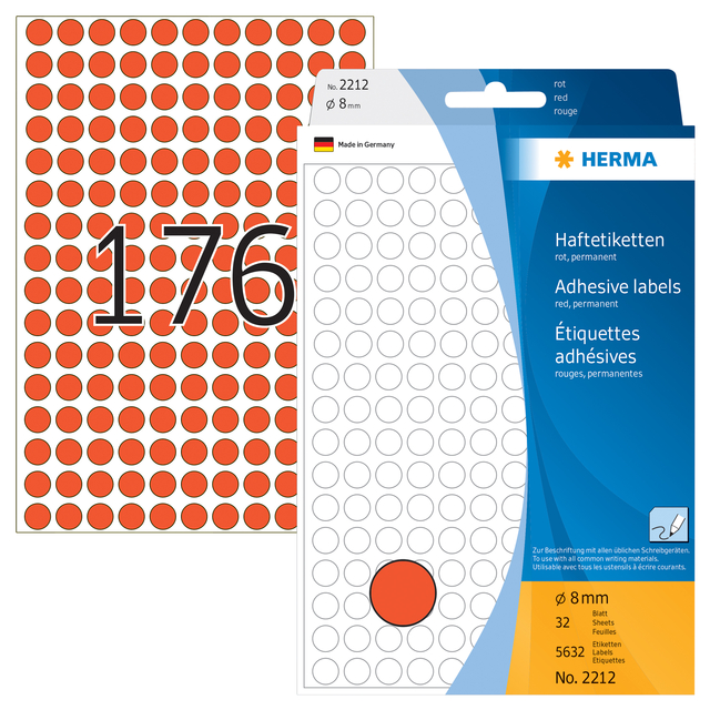 Etiket HERMA 2212 rond 8mm rood 5632 stuks