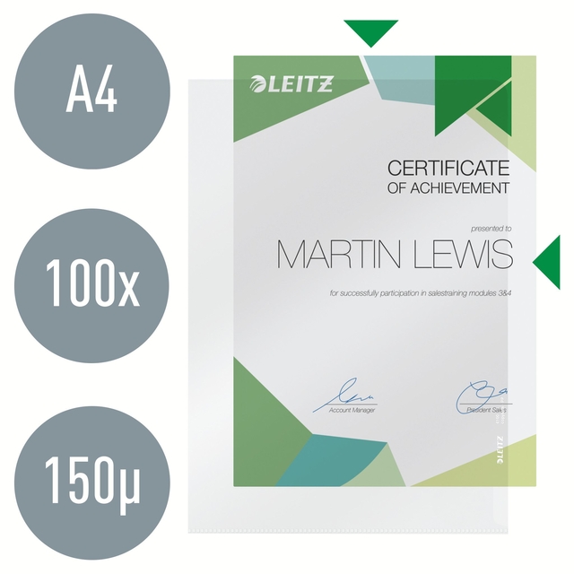 Insteekmap L-model Leitz Premium lasnaad copy safe 0.15mm PVC A4 transparant 100 stuks