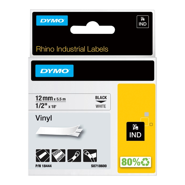Labeltape Dymo Rhino industrieel vinyl 12mm zwart op wit