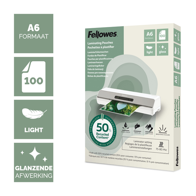 Lamineerhoes Fellowes A6 light 50% gerecycled glans 100stuks