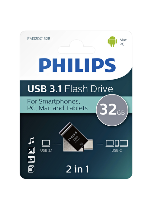 USB stick 3.1 Philips 2in1 USB-C USB-A 32GB zwart