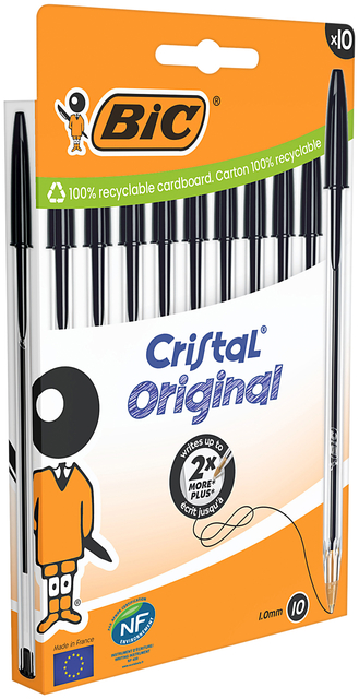 Balpen Bic Cristal medium zwart blister à 10 stuks