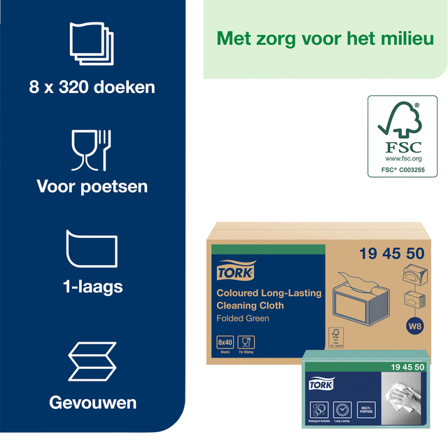 Reinigingsdoek Tork W8 Premium 1-laags 40 vel groen 194550