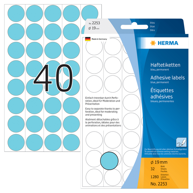 Etiket HERMA 2253 rond 19mm blauw 1280 stuks