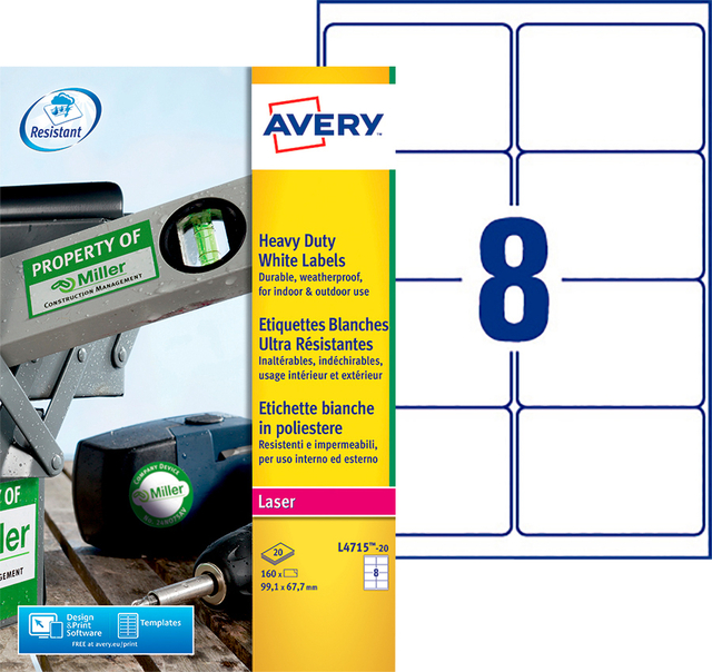 Etiket Avery L4715-20 99.1x67.7mm weerbestendig wit 160 stuks