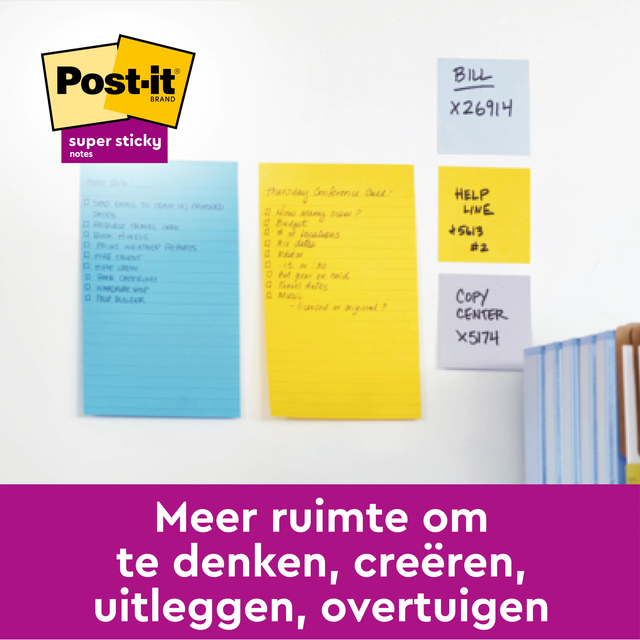 Memoblok 3M Post-it 5845 Super Sticky 127x203mm lijn assorti kleur 90 vel