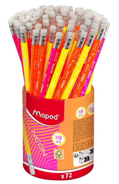 Potlood Maped Neon met gum pot à 72 stuks assorti